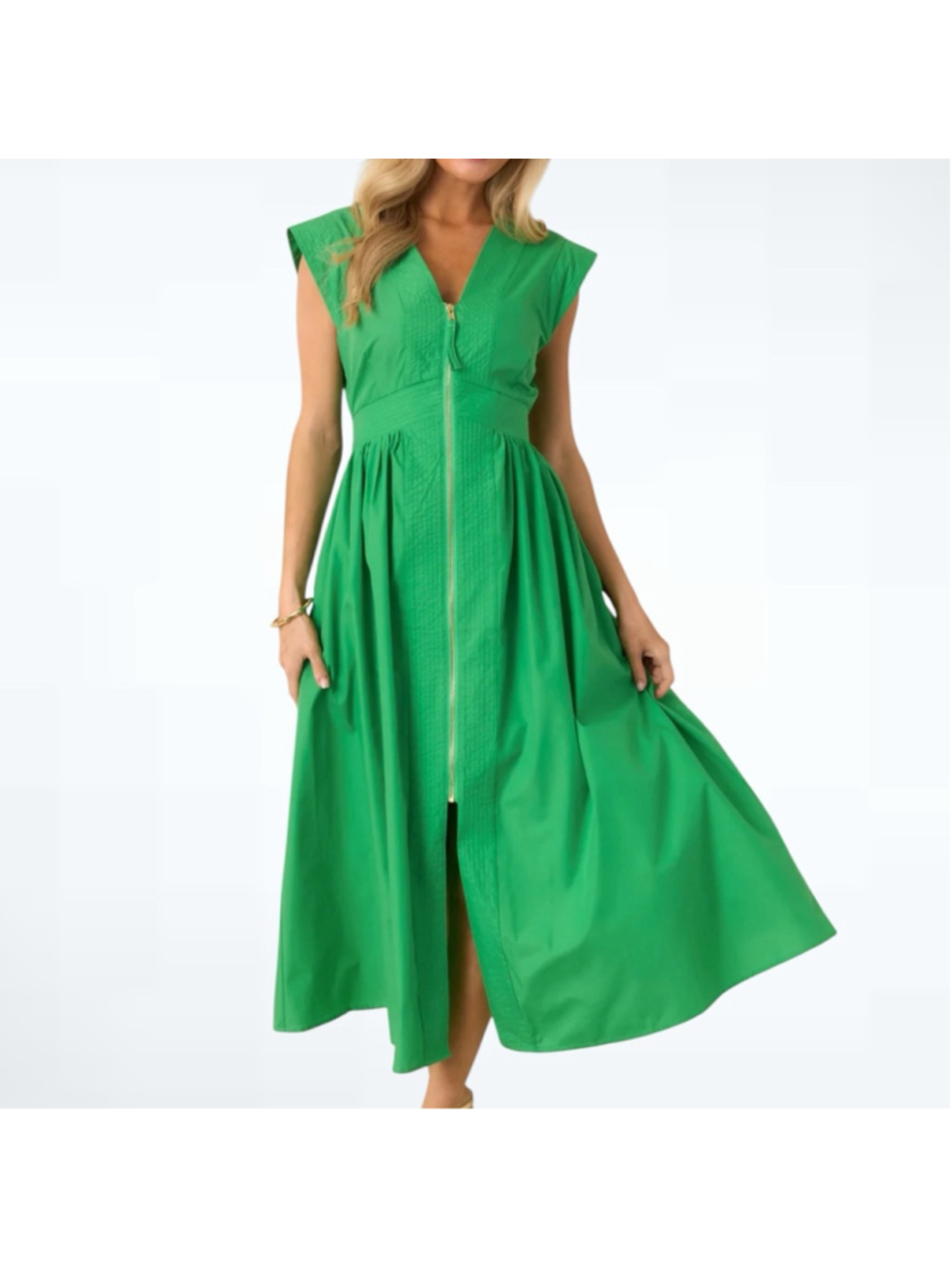 Entro Women's Cap Sleeve Zip Front Midi Dress in Green Size S